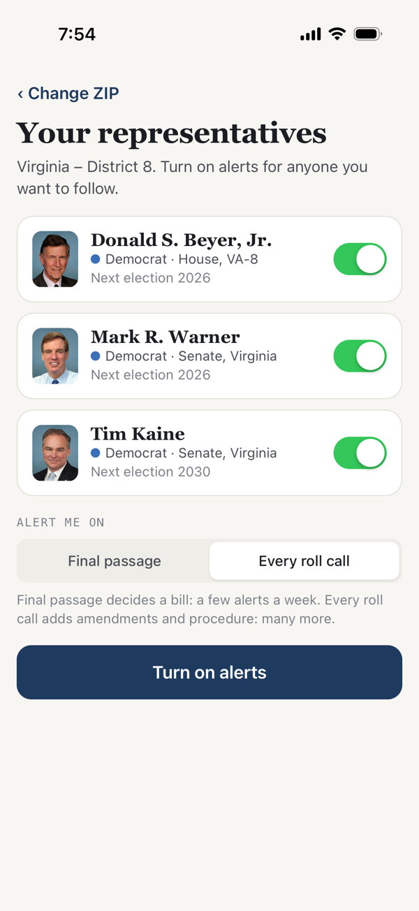 Your representatives screen with three members and follow switches