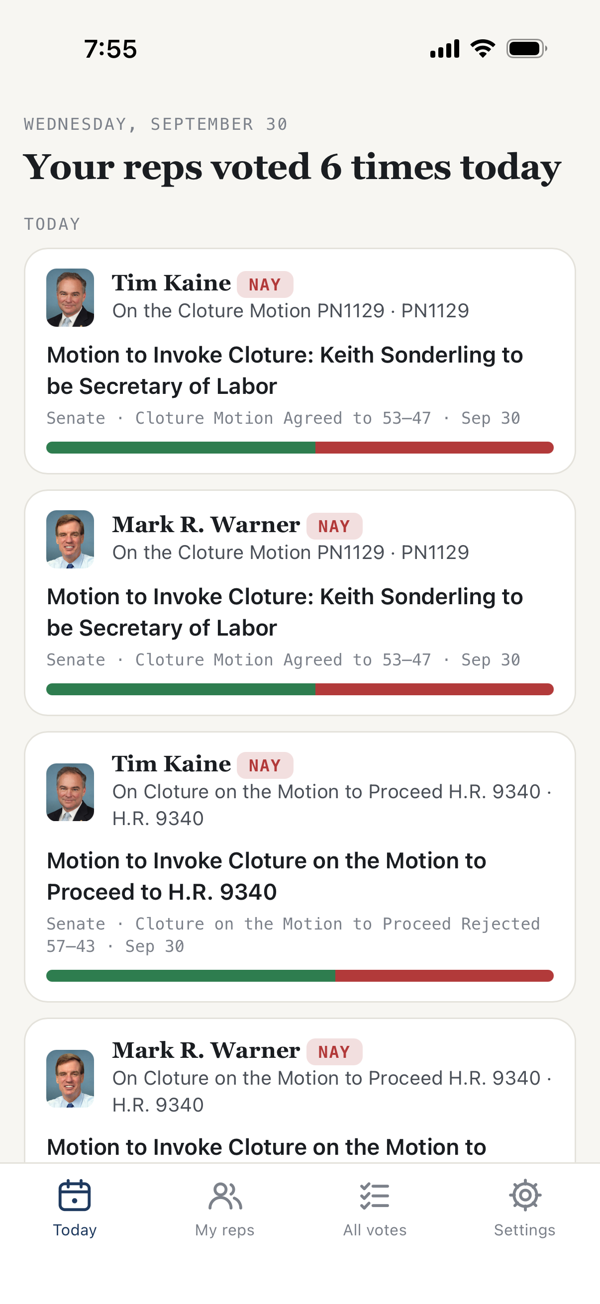 Today screen listing recent votes by followed members
