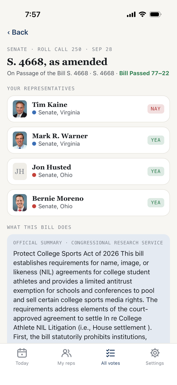 A vote page showing each representative's position and the bill summary